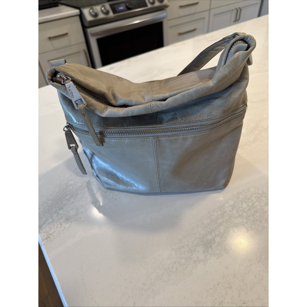 Hobo The Original Gray Leather Pockets Zipper Closure Hobo Shoulder Bag
